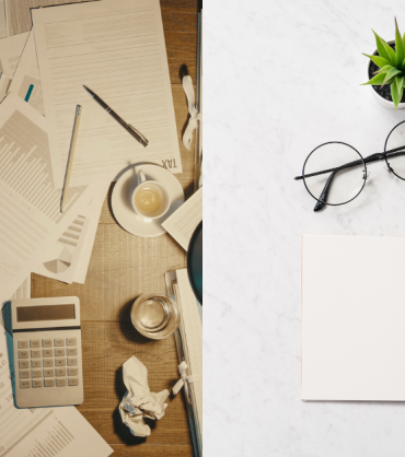 Side-by-side comparison of two workspaces: on the left, a cluttered desk representing the challenges of self-administration; on the right, a clean and organized desk symbolizing the efficiency and simplicity of outsourced fund administration.